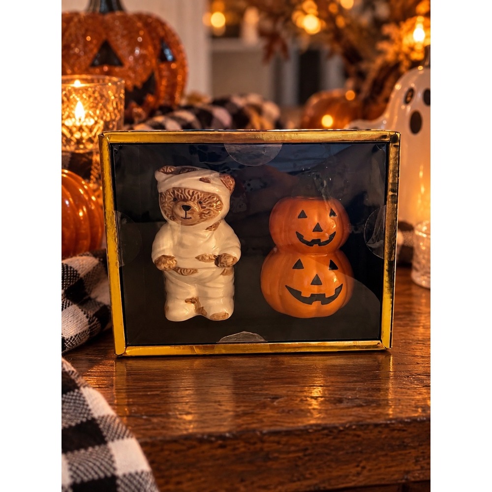 Halloween Mummy Bear and Stacked Pumpkin Salt and Pepper Shaker Set Ceramic